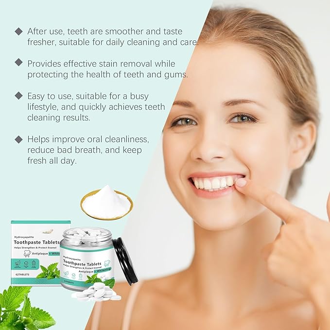 Chewable Whitening - Nano Hydroxyapatite Toothpaste for Sensitive Teeth & Antiplaque -, Natural Peppermint, Fluoride Free - Strengthen & Protect Enamel - Fresh Breath，62pcs