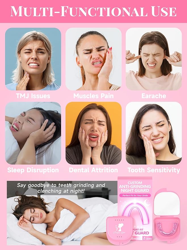 4 Pack Pink Night Guards for Teeth Grinding and Clenching, Women Teeth Grinding Mouth Guard for Sleep with 2 Mirror Cases, Moldable Mouthguard for Women, Adults, Bruxism Relief