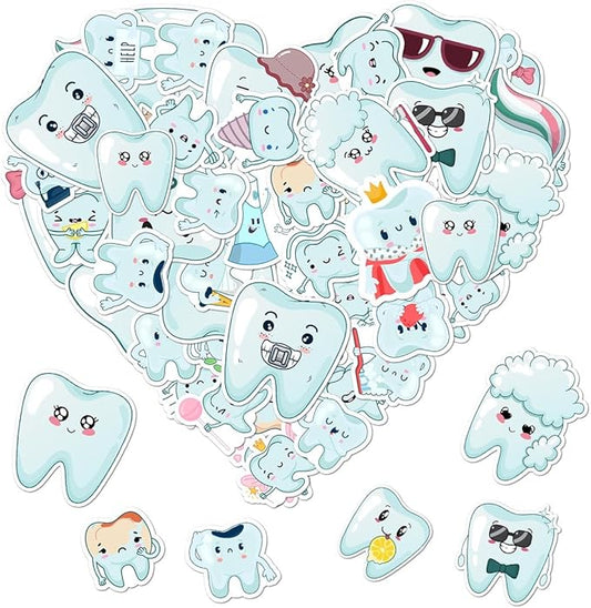 50 Pack Pcs Dental Tooth Stickers for Water Bottles Waterproof Vinyl Laptop Luggage Planner Scrapbooking Dentist Sticker Packs Teens Adults Boys Girls Kids Aesthetic Small Decals