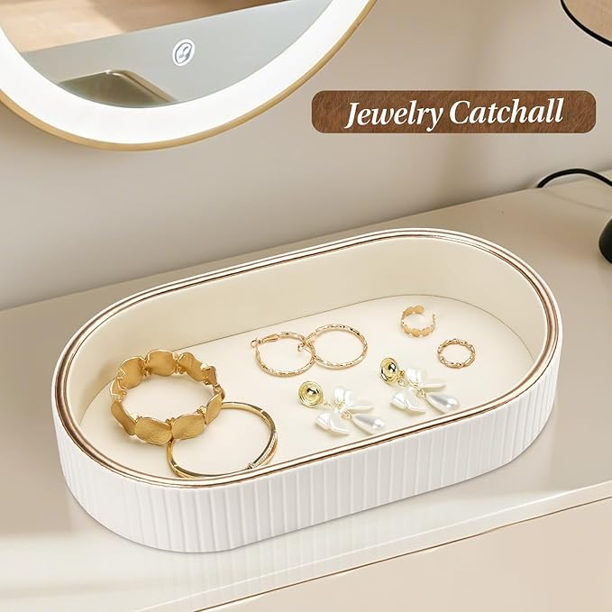 GORESE Oval Vanity Tray Perfume Organizer, PU Leather Valet Jewelry Trays Nightstand Organizer Key Bowl Trinket Dish for Entryway Dresser Bedside, Catchall Trays for Men Women, 11×5.9 in, Cream White
