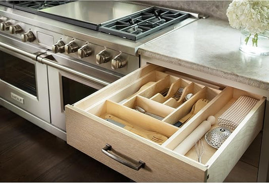 Rev-A-Shelf Trim-to-Fit Silverware Drawer Organizer For Kitchen Utensil Cutlery Cabinet Storage, Natural Maple Wood 7 Compartment Tray Insert 4WCT-1SH