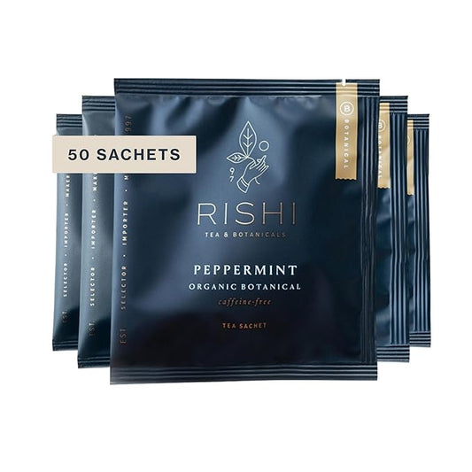 Rishi Tea Peppermint Herbal Tea - Organic, Caffeine Free Sachet Bags, Calming Sweet & Cooling Pure Peppermint Leaves - 50 Count