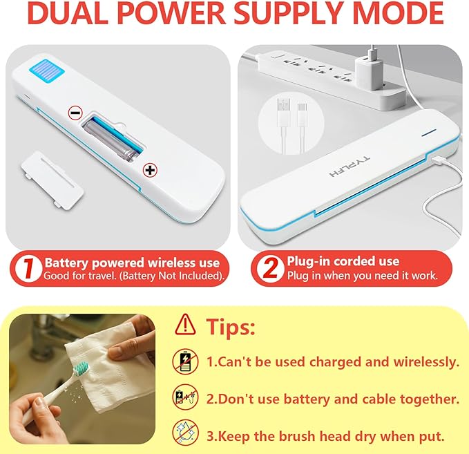 Toothbrush Sanitizer Case, TYPLFH Toothbrush Covers, Portable Toothbrush Travel Holder for Clean and Storage, C Port and AA Batteries Charge, Air Water Filt, Auto-Off, for All Toothbrushes (Blue)