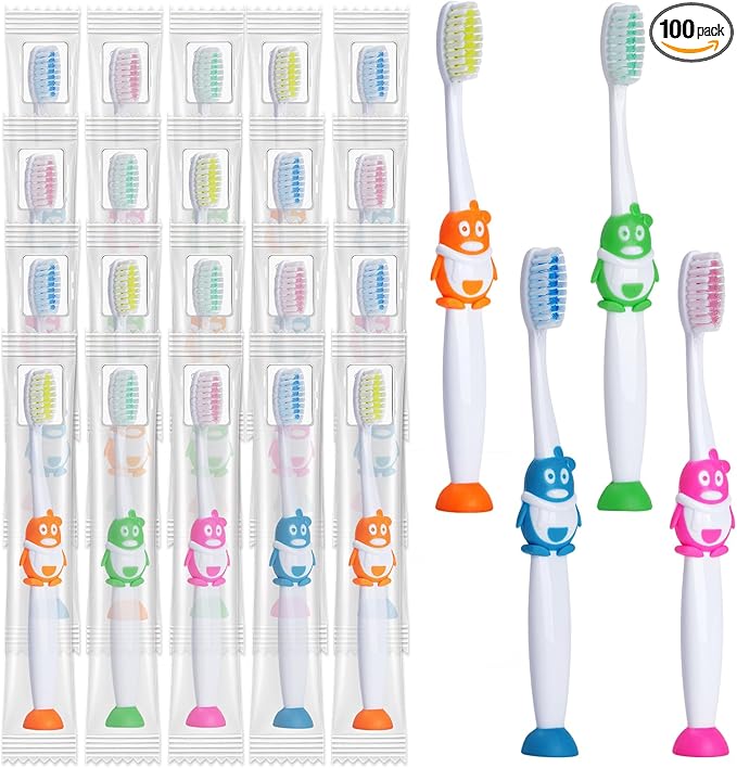 100 Pack Kids Toothbrush Soft Bristles Toddler Cute Toothbrush Bulk with Suction Cup, Includes Travel Covers, Individually Wrapped Toothbrushes for Kid Home School Daycare Camp (Penguin)