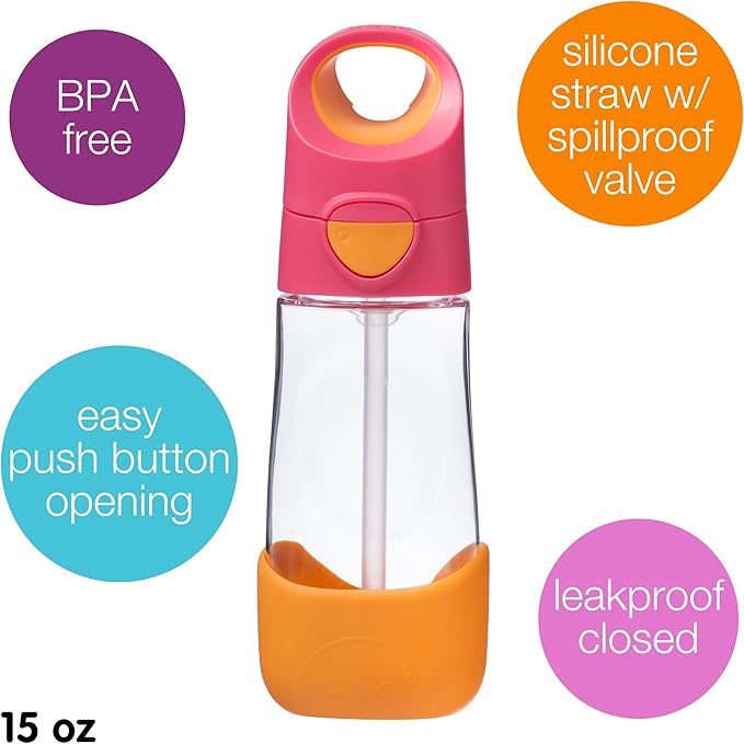 b.box 15oz Tritan Straw Bottle: Kids Water Bottle for Toddlers+. Spill Proof, Leak Proof, BPA Free. Great for School Sippy Cups (Strawberry Shake, 15 oz)