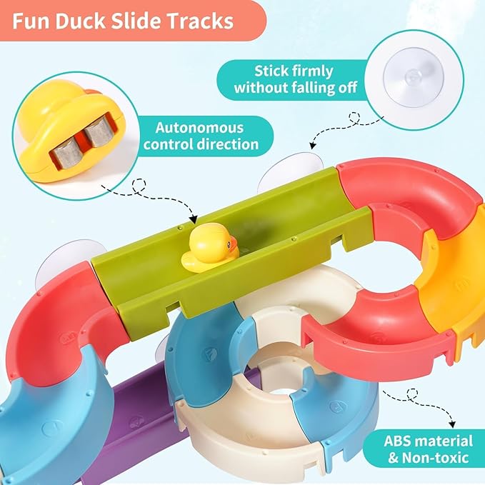 Bath Toys Toddlers（37PCS） Duck Slide Bath Toy Track with 3 Rotating Suction Cups Toys,Bath Toys for Kids Ages 4-8 , DIY Bathtub Time Birthday Gifts for Toddler Kids 3+ Years Old