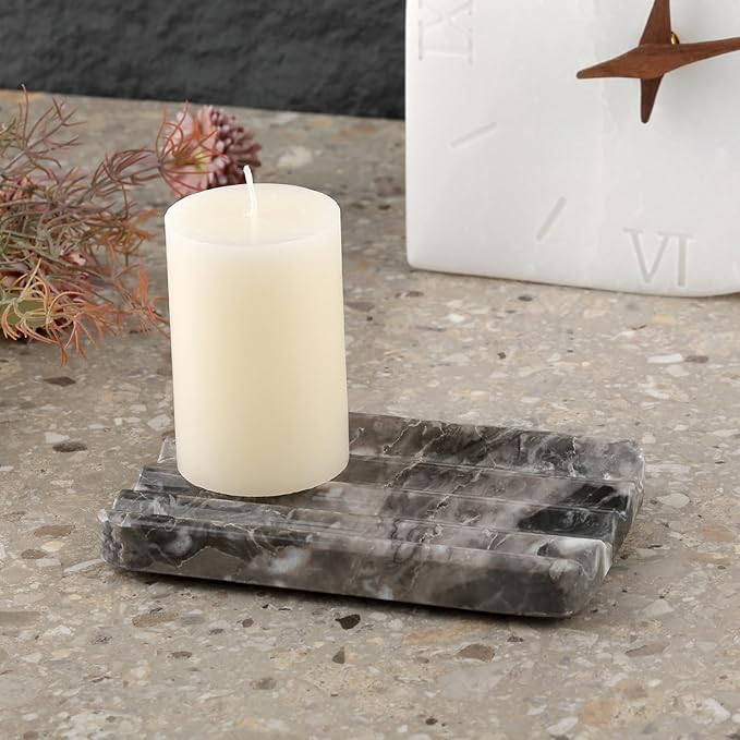 Marble Soap Dish, Bar Soap Holder Shower, Brown Soaps Saver with Water Ripple Design, Easy Cleaning Stone Sponge Holder for Kitchen Sink，Bathroom, Executive Natural Stone Soap Tray