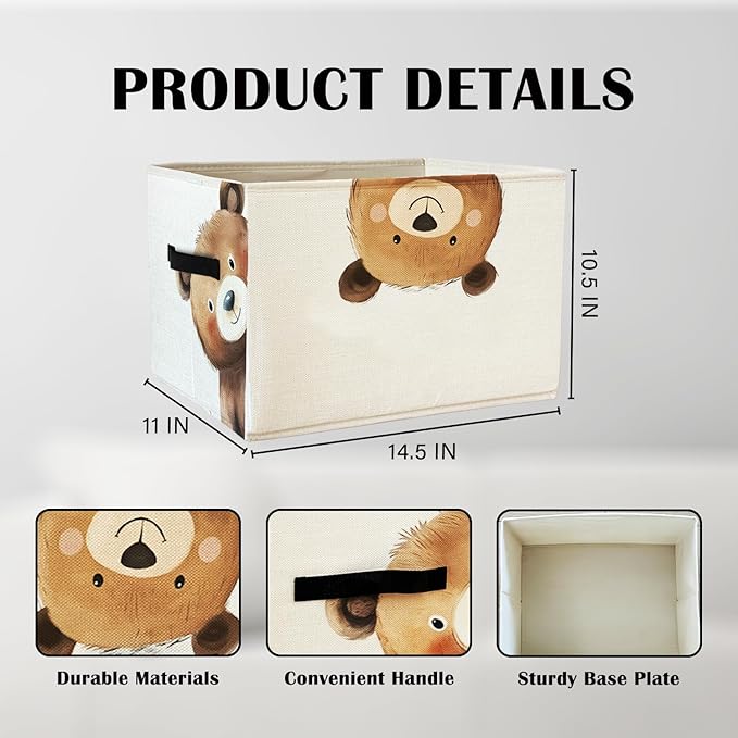 Rectangular Bear Basket Cute Animal Woodland Storage Basket Organizer Bins With Handles,Toy Baskets Storage Kids,Bear Laundry Baskets Organizer Collapsible Basket for Nursery Bedroom Bathroom