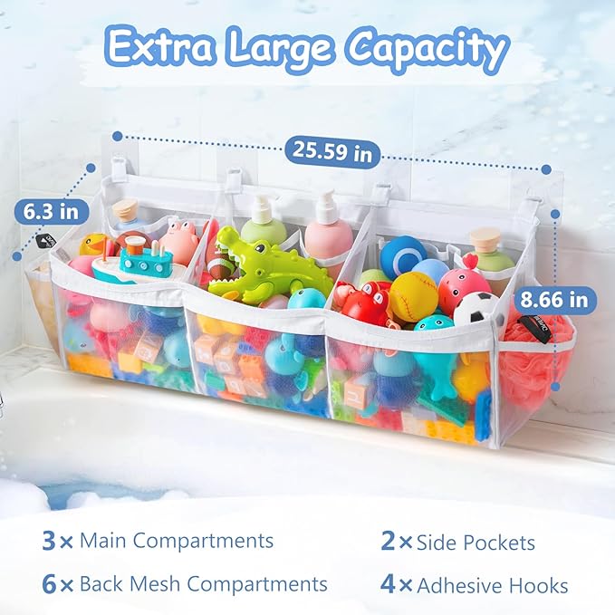 Criusia Extra Large Bath Toy Organizer with 3 Compartments and Multiple Pockets, Quick-Dry Mesh Bathtub Storage for Kids' Toys