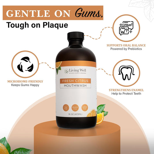 Living Well with Dr. Michelle Fresh Citrus Remineralizing Mouthwash | Hydroxyapatite & Colloidal Silver Formula | Alcohol-Free, Natural & Organic | Fluoride-Free Mouth Rinse