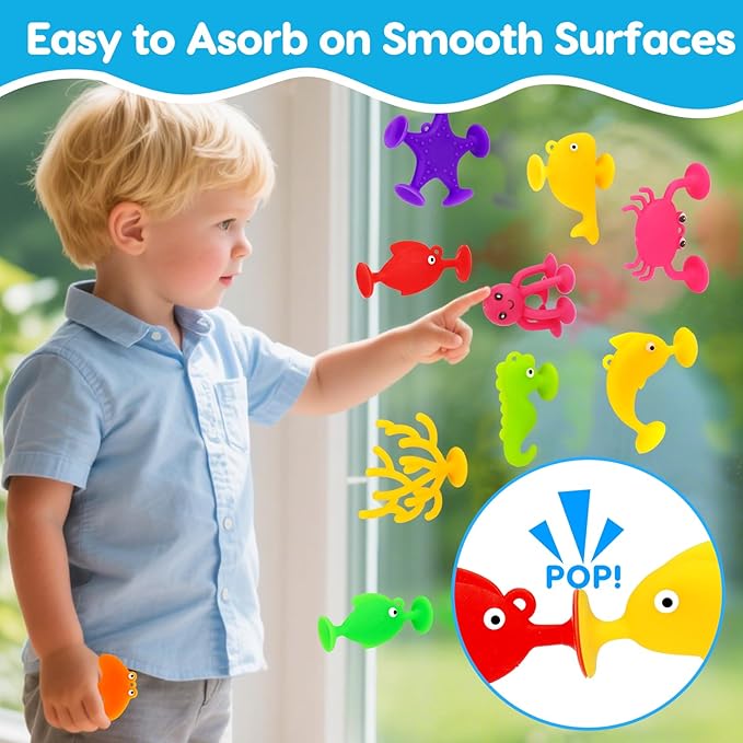 Toddler Suction Cup Bath Toys, Ocean Animal Bath Toys for Kids Ages 3-5 4-8 No Hole Mold Free Bathtub Window Building Toys Christmas Stocking Stuffers for 3 4 5 Year Old Boys Girls Birthday Gifts