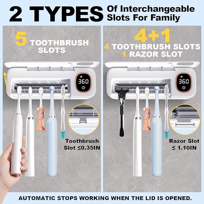 Toothbrush Sanitizer and Holder, DRMXBU Toothbrush Holders for Bathrooms with Light Clean Air Dry, Rechargeable Toothbrush Holders Wall Mounted with 5 Slots, Timer Function Tooth Brush Cleaner Case