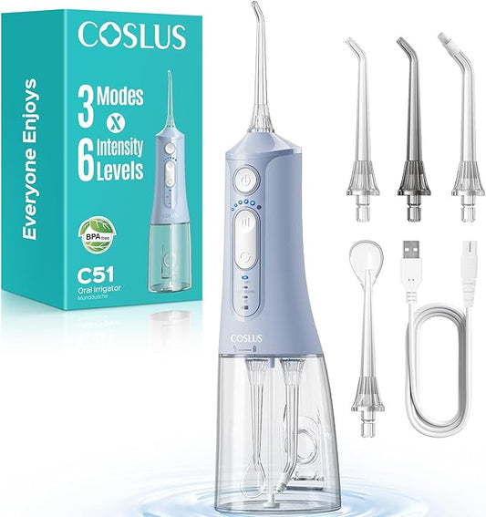 COSLUS Portable Water Flosser for Teeth: 3 Modes & 6 Pressure Settings with Jet Mode Water Dental Pick for Orthodontic, Braces, Sensitive Gums, Compact for Travel, 300ML for Multiple Users, Blue C51