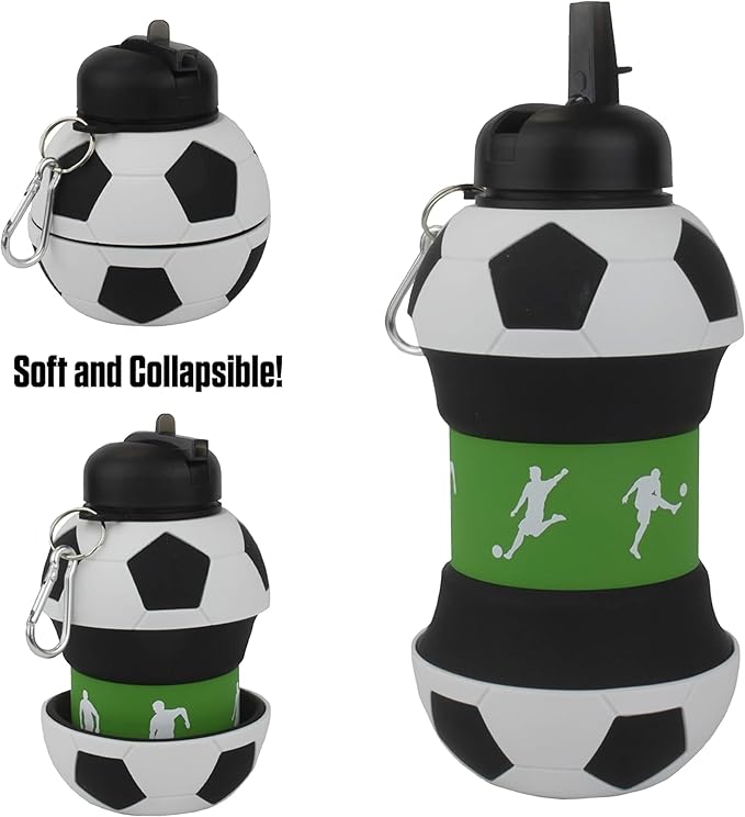 Maccabi Art Clip-On Collapsible 1 Liter, 34 oz. size BPA-Free Silicone Soccer Ball Large Water Bottle for Kids