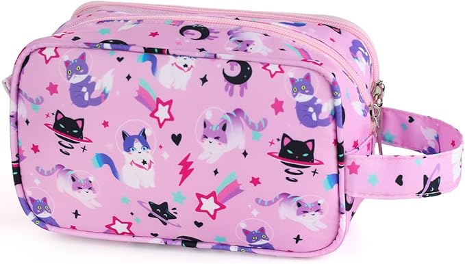 Kids Toiletry Bag for Girls, Travel Toiletry Bag for Little Young Girls Cosmetic Bag Makeup Bag Waterproof Hanging Wash Bag Toddler Toiletries, Cat Pink