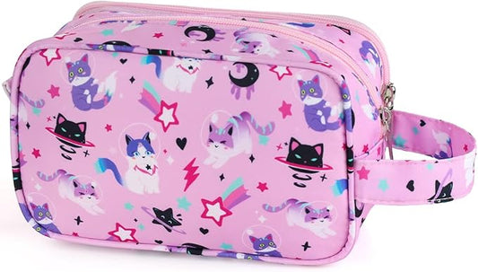 Kids Toiletry Bag for Girls, Travel Toiletry Bag for Little Young Girls Cosmetic Bag Makeup Bag Waterproof Hanging Wash Bag Toddler Toiletries, Cat Pink