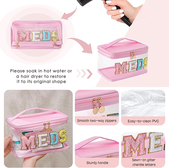 Large Waterproof Chenille Letter Medicine Clear Makeup Bag, Transparent PVC Nylon Preppy Patch Cosmetic Bag with Handle, Portable Meds First Aid Travel Organizer Cosmetic Bag (06MEDS- Beige)