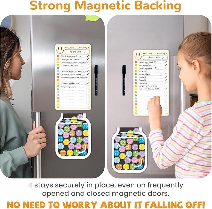 JJPRO Magnetic Dry Erase List Boards for Kids with Smiley Faces Reward Jar- 10" x5.5“ Home Reward Chart for Toddlers,Daily Checklist for Fridge,Reward Chart Positive Behavior Training -Yellow 2Pcs