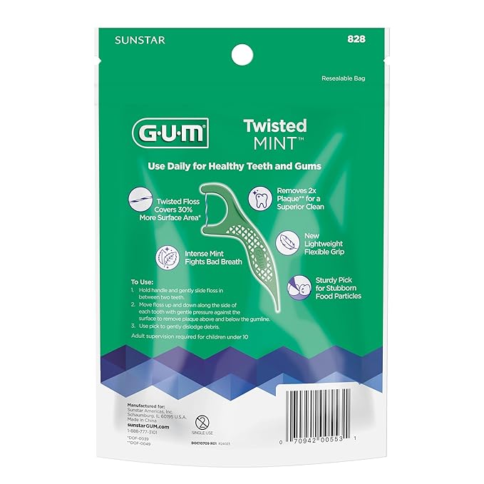 GUM Twisted Mint Floss Picks - Twisted Threads, Shred-Resistant Floss, Easy Grip Handle, 90 Count