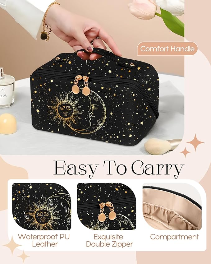 Bistup Makeup Bag Travel Cosmetic Bag Toiletry Make Up Bags Cute Women Large Capacity Big Medium Leather Sun Moon Aesthetic Portable Teen Girls Teenage Foldable Expandable Compact Open Flat Zip