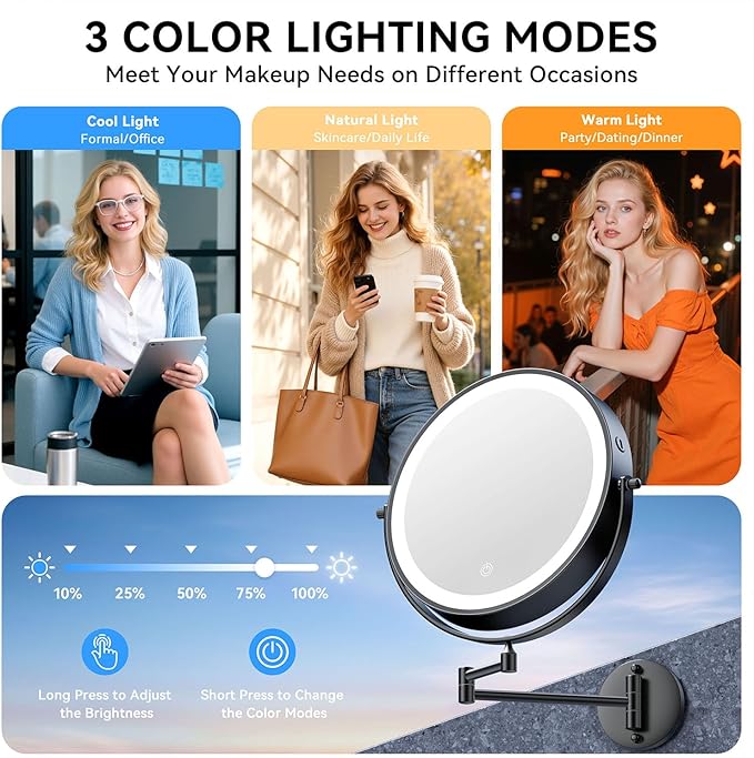10'' 30X/1X Wall Mounted Lighted Makeup Mirror, 5000mAh Rechargeable Double-Sided Magnifying Mirror with Light, LED Vanity Mirror Touch Dimmable 3 Colors 360° Rotation Extended Foldable Arm, Black