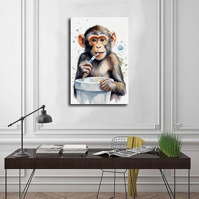 KIPNG Cheerful Monkey Hygiene_ Work of A Playful Dental Routine Poster Canvas Poster Bedroom Sports Landscape Office Room Gift Unframe-style16x24inch(40x60cm)