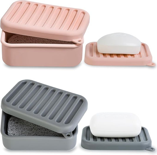 2PC Portable Leakproof Travel Soap Case, Silicone Travel Soap Case, Compact Soap Holder with Drainage Layer, Travel Soap Holder for Camping, Gym, Outdoor (Coral-Red&Deep-Gray)