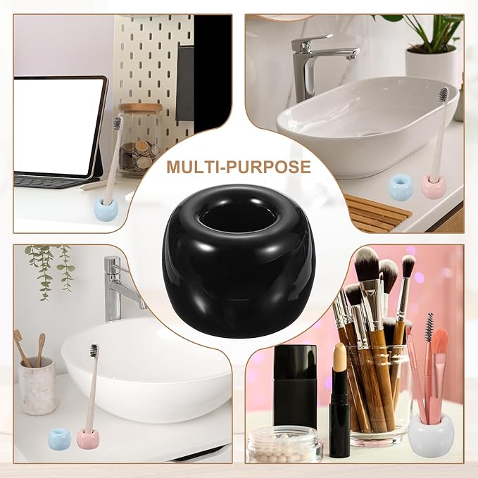 uxcell 2 Pcs Mini Ceramics Toothbrush Holder Stands, Sleek Mini Countertop Toothbrush Round Shape Ceramic Holder Stand for Bathroom Vanity Countertops, Black