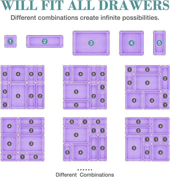 16 PCS Drawer Organizer Set, 5 Varied Size Bathroom and kitchen Drawer cabinet organizer Trays, Clear Storage Bins for Makeup, Jewelry, Utensils and Gadgets, Purple