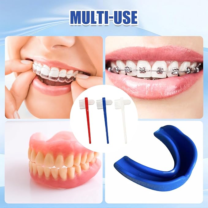 12pcs Denture Brush Dual, Head Portable Firm Hard Bristle Denture Toothbrush,Denture Cleaning Brush Retainer Brush Dental Toothbrush for False Teeth, Clear Braces and Mouth Guards(White,Blue, Red）