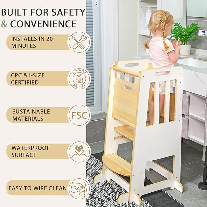 WINGYZ Toddler Kitchen Stool – Adjustable Helper Tower for Kids with Safety Rail, Wooden Standing Step-Up Stool, Sliding Door & Stable Base, White