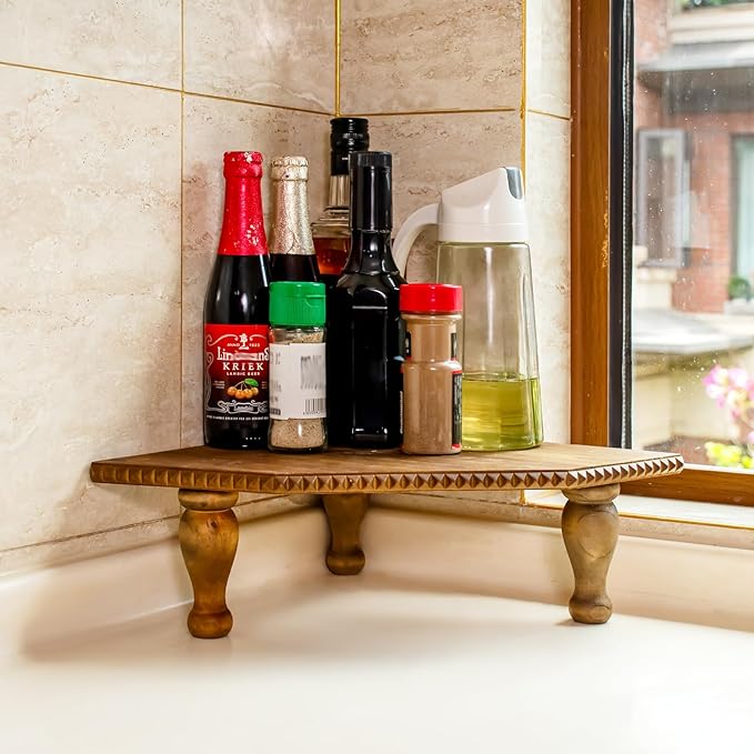 Wood Corner Counter Shelf Framehouse Decorative Tray Stand for Kitchen Bathroom Riser Organizer Coffee Bar Display Shelf with Detachable Legs (Lightbrown)