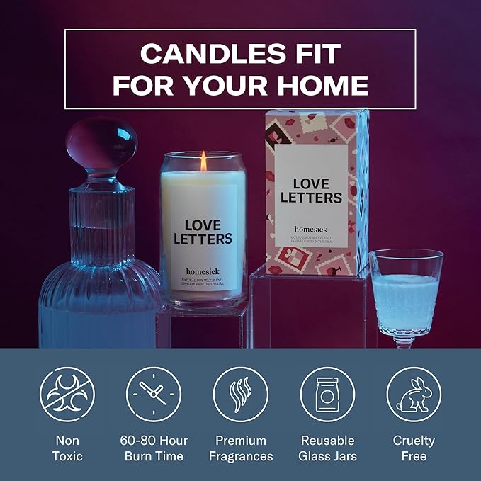 Homesick Scented Candles for Home (Love Letters) - 13.75 oz Natural Long-Lasting Soy Wax Blend Jar Candle Gifts for Women & Men, 60-80 Hours Burn Time - Notes of Rose, Jasmine & Peony