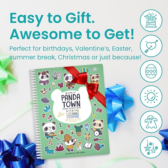 Cupkin Panda Sticker Book Activity for Kids, Toddler Airplane Travel Essentials, 300+ Stickers for Kids + 8 Scenes + Coloring Book Pages, Panda Bear Lover Gift, Children's Crafts Ages 2-8