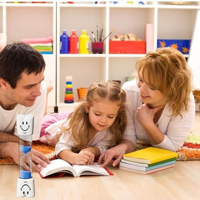 2 Minute Sand Timer for Kids, Small Blue Smiley Acrylic Hourglass Sand Clock Set, Plastic Glass Mini Sandglass for Toothbrush Classroom Games Kitchen (Pack of 2)