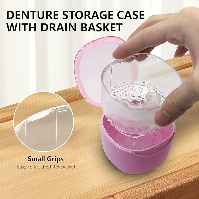 Partial Denture Case Leak Proof with Strainer Basket and Brush, Waterproof Denture Cup Retainer Cleaning Bath Case Travel for Dentures, Braces, Night Guard - Pink