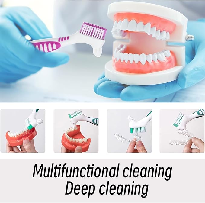 Denture Brush Dual Head Toothbrushes False Teeth Brush Denture Cleaning Kit Toothbrush (Purple, Orange)