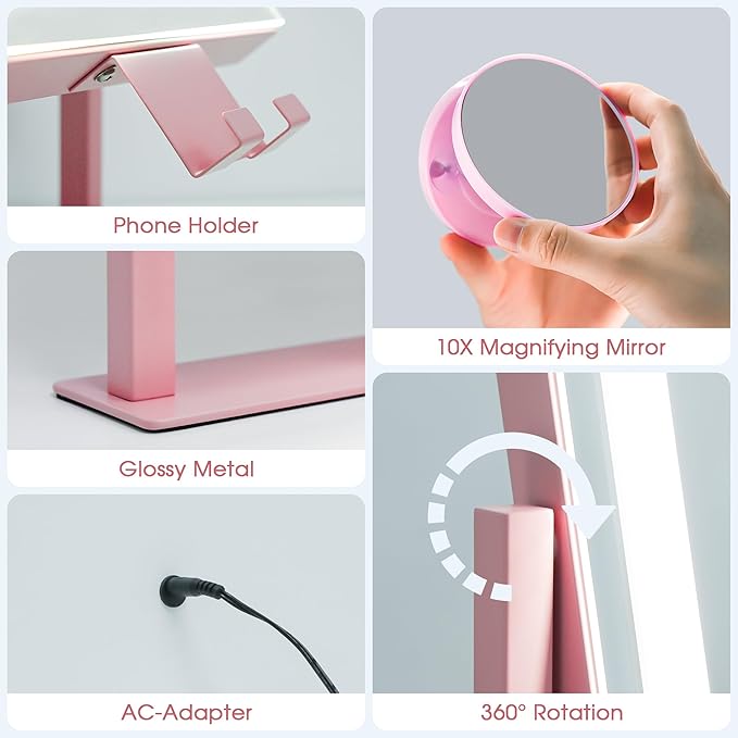 Kottova Vanity Mirror with Lights, Lighted Makeup Mirror, Smart Touch Control, Dimmable 3-Color Lights, Lighted Mirror with Detachable 10X Zoom Mirror, 360° Rotation, Metal Frame（Pink）