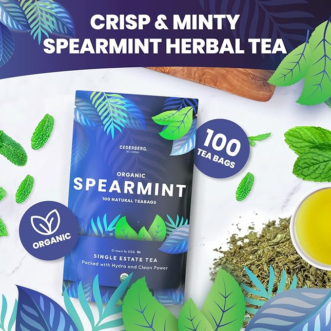 Organic Spearmint Herbal Tea — 100 Tea Bags | Grown in USA | Eco-Friendly Tea Bags | Non-GMO Caffeine Free Tea | Cederberg Tea Company