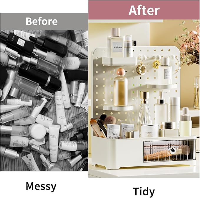 Makeup Organizer for Vanity, Aesthetic Cosmetic Storage Rack with Drawer and Pegboard Hooks, Adjustable Shelves Skincare Organizer for Bathroom Countertop, Cream White