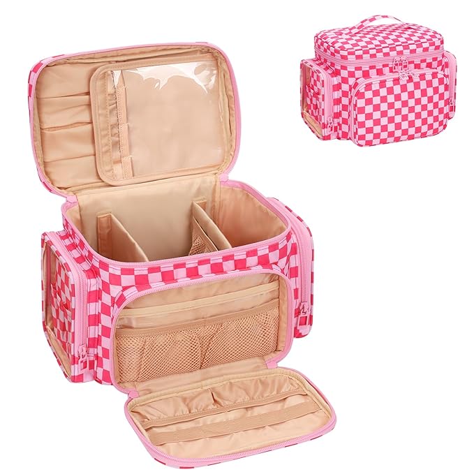 Large Checkered Makeup Bag, Travel Makeup Bag Organizer for Women Girls with Makeup Brush Compartment & Two Side Pockets, Cosmetic Travel Bag Vertical Storage Toiletry Bag- Hotpink