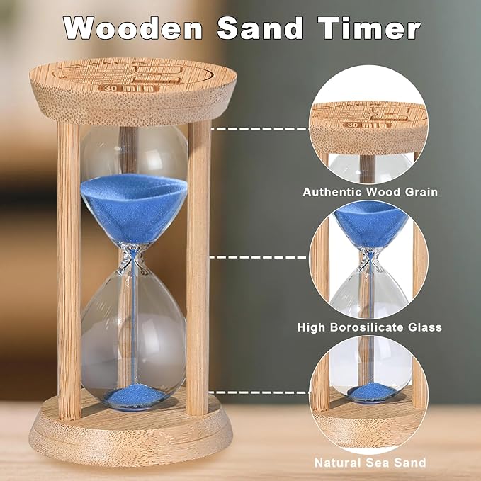 60 Minute Sand Timers, Bamboo Blue Sand Hourglass for Productivity, Meditation & Decor, 60 Min Wooden Reloj De Arena Sandwatch for Kitchen, Office, Yoga, Game, Classroom (Blue)