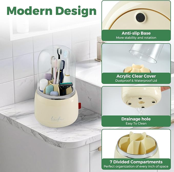 Toothbrush Holders for Bathrooms, Rotating 7 Slots Toothbrush Holder with Cover, Kids Electric Toothbrush and Toothpaste Holders for Caddy for Bathroom Vanity, Sink, Countertop, Beige