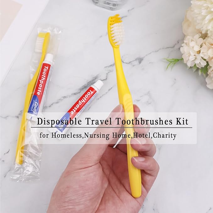 Disposable Toothbrushes with Toothpaste Pack of 20, Yellow Hollow Toothbrush with 10g Toothpaste Individually Wrapped Disposable Travel Toothbrushes Kit in Bulk for Homeless,Airbnb,Hotel,Charity