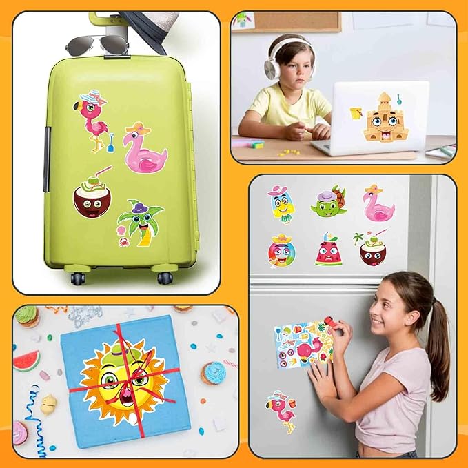 48 Sheets Summer Stickers for Kids, Make a Face Sticker Hawaii Tropical Pool Beach Sticker, Make Your Own Watermelon Pineapple Flamingo Stickers for Tropical Luau Party, Summer Holiday Party Favors