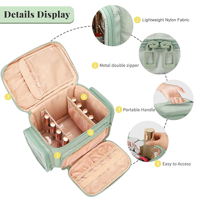 Large Makeup Bag, Portable Travel Makeup Bag Organizer for Women Girls with Makeup Brush Compartment & Two Side Pockets, Cosmetic Travel Bag Vertical Storage Toiletry - Green
