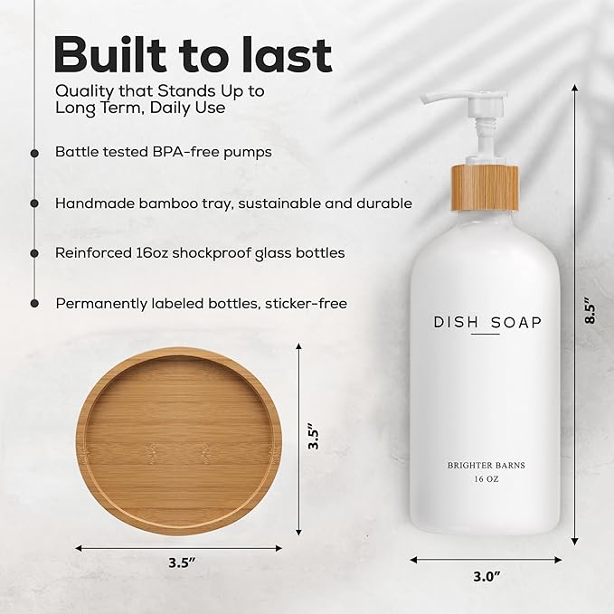 White Glass Dish Soap Dispenser for Kitchen Sink by Brighter Barns - Kitchen Soap Dispenser Set with Tray - Bamboo Pump Bottle - Neutral Minimalist Home Decor in RV, Office, Home, Airbnb, Gift (White)
