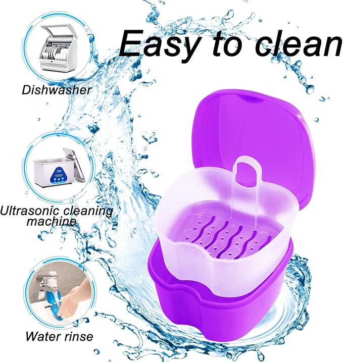 2 Pack Denture Case Dental Mouthguard Case, Denture Bath Box Cleaning with Brush, Strainer Basket and Lid Waterproof - Purple and Blue