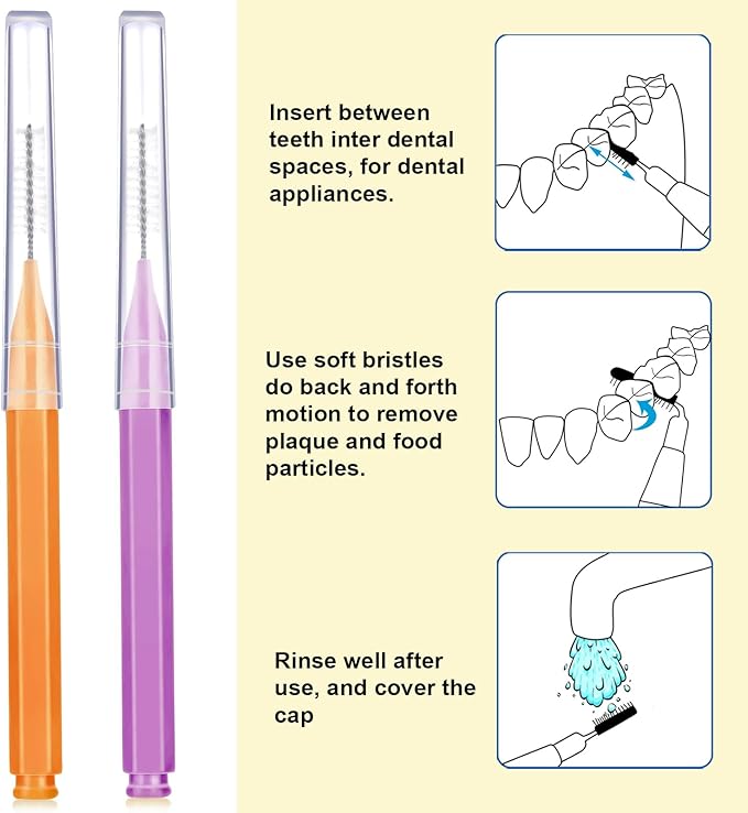 Patelai 100 Pieces Braces Brush for Cleaner Interdental Brush Toothpick Dental Tooth Flossing Head Oral Dental Hygiene Flosser Toothpick Cleaners Tooth Cleaning Tool(Purple, Orange,Cute Size)