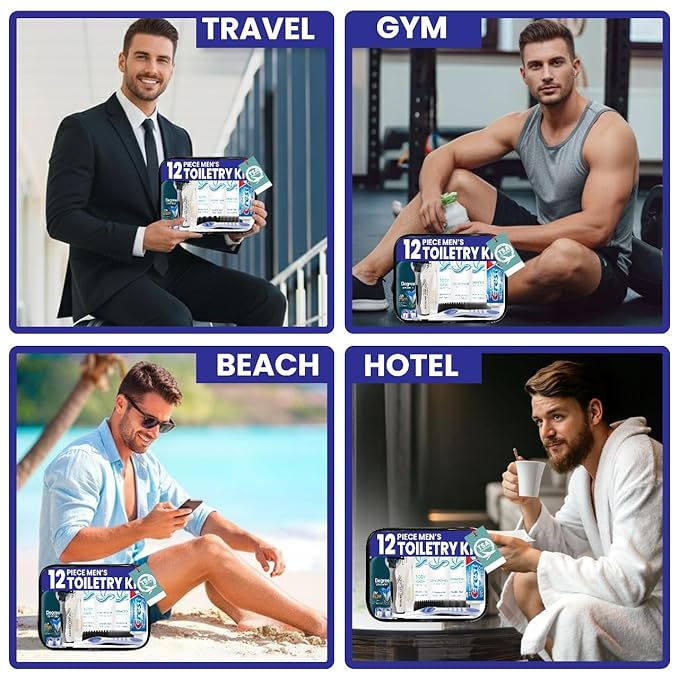 Trektote Bulk Hygiene Kit For Men – (25 Pack) 12 Piece Set Of Travel Size Toiletries, TSA Compliant, Bulk Travel Essentials, Includes Shampoo And Conditioner, Body Wash, Toiletry Bag & More
